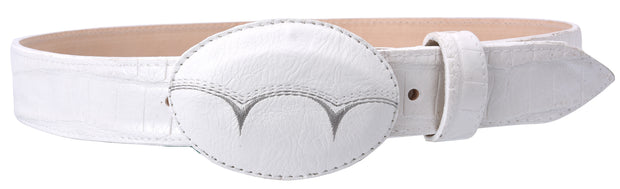 White Diamond Caiman Belly Print Leather Belt - Tejido Blanco