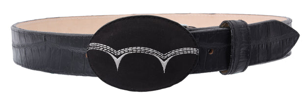 White Diamond Caiman Belly Print Leather Belt - Tejido Negro