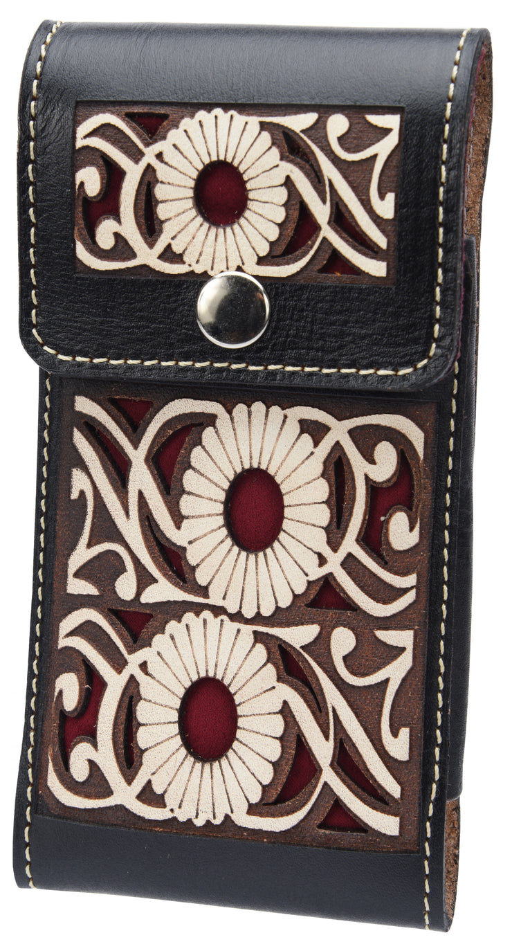 White Diamond Lazer Tooled Leather Cell Phone Case - Negro